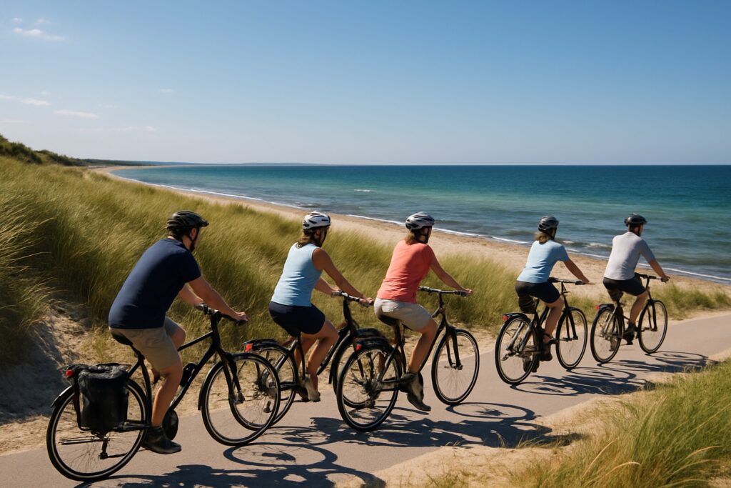 Radfahrer auf dem Ostseeküsten-Radweg zwischen Dünen und Strandhafer