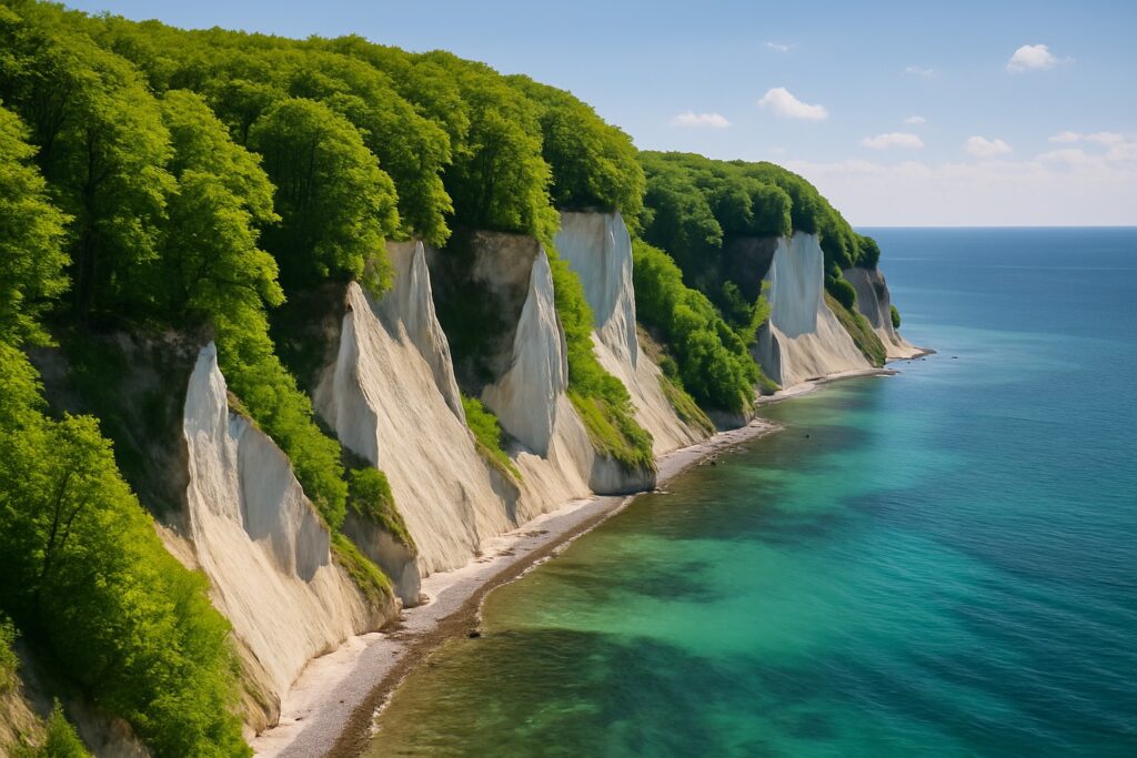 Weiße Kreidefelsen auf Rügen im Nationalpark Jasmund über der türkisen Ostsee