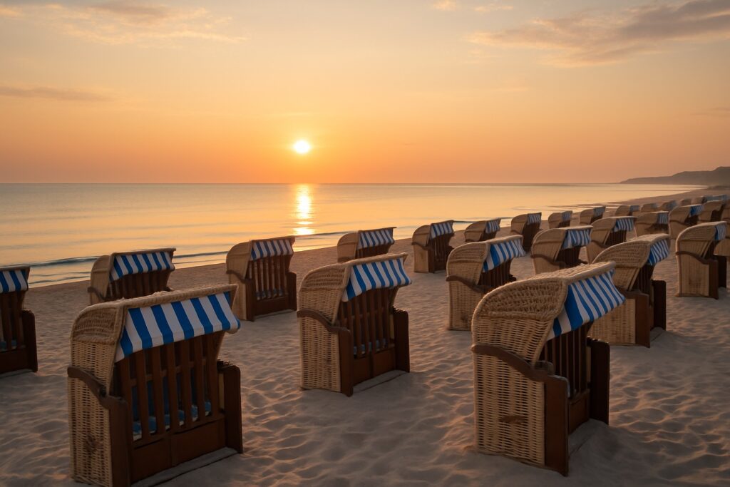 Ostseestrand mit Strandkörben bei Sonnenaufgang