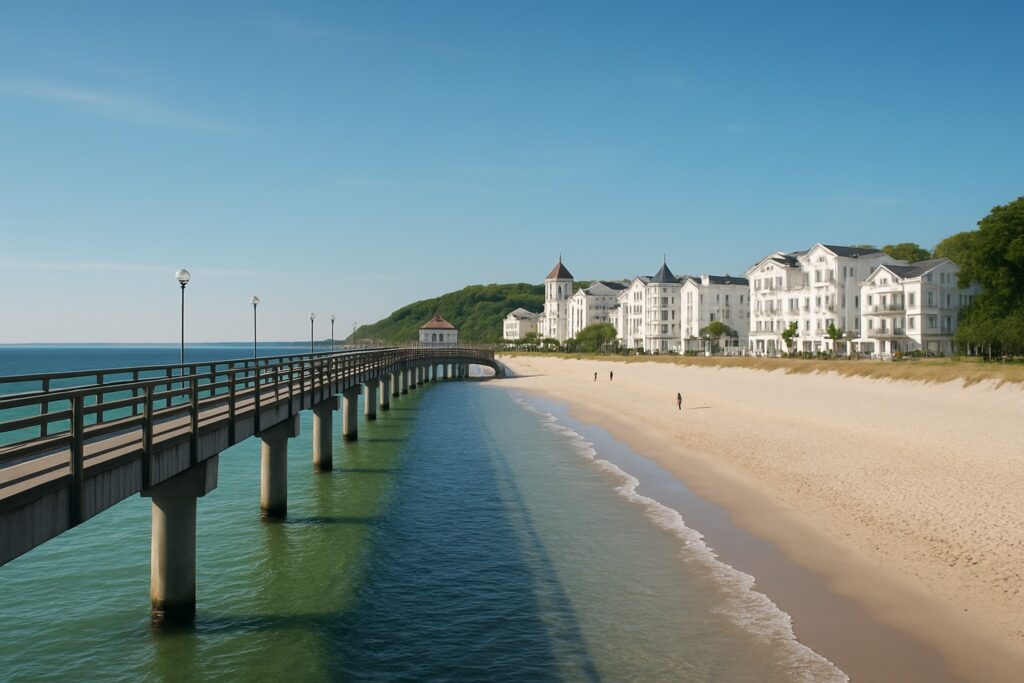 Seebrücke von Binz auf Rügen mit weißer Bäderarchitektur und Sandstrand
